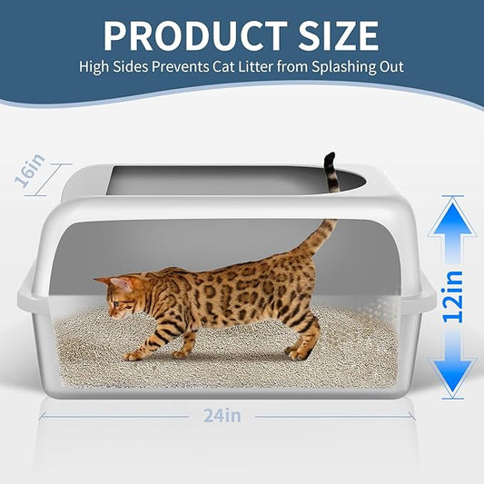 Prodigen Extra Large Stainless Steel Cat Litter Box with Lid High Wall Sides Enclosure, Non-Sticky, Anti-Leakage, Easy Cleaning,with Cat Mat & Metal Scoop, 24" L x 16" W x 12" H, 2 Pack
