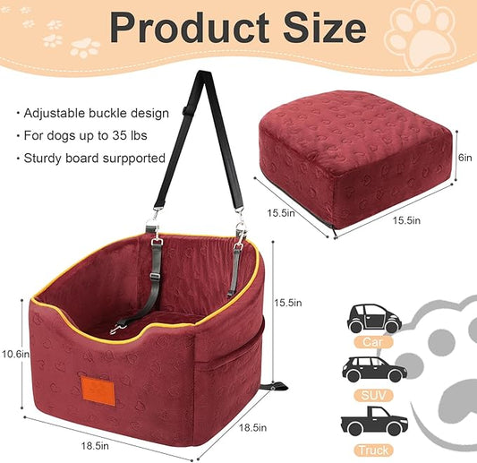 XIEEAOZEE Dog Car Seat for Small Dogs, Memory Foam Booster Dog Seat for Dogs up to 35 lbs, Elevated Pet Car Seat, Travel Safety Pet Seat with Washable Removable Cover, Storage Pockets (Red)