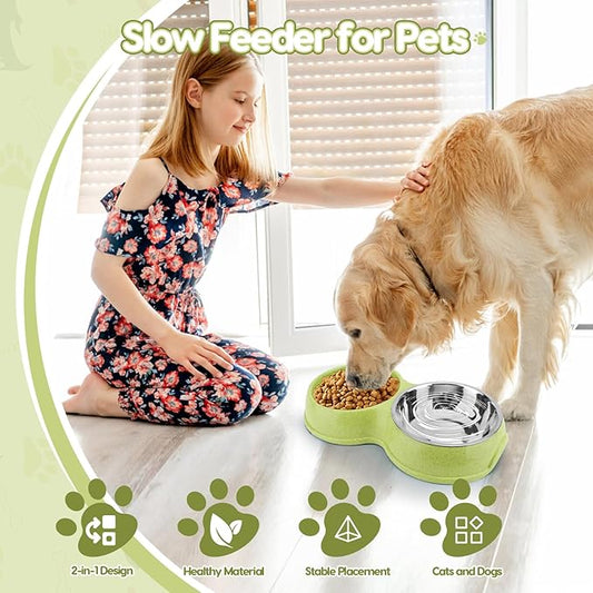 Pets Double Slow Feeder Bowls, Cats & Dogs Food Water Bowls, Stainless Steel Puppy Food and Water Dishes Non-Skid, Pet Feeding Bowl for Small Dogs Puppy Cat (Green)