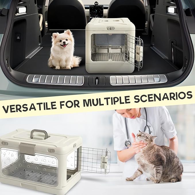 Hard Cat Carrier,Dog Crate for Small Dogs,Cat Kennel Clear,Foldable Dog Kennel with Urine Pad Mesh Grid,Ventilation & Hard Plastic Protection Transparent Pet Carrier 20" L,White