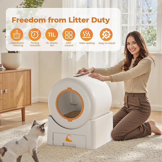 Self Cleaning Litter Box, Large Capacity Automatic Litter Box for Multiple Cats, Auto-Empty Cat Pan with App Control, Auto Sensors for Safety Protection, Enhanced Whisper-Quiet Design, White
