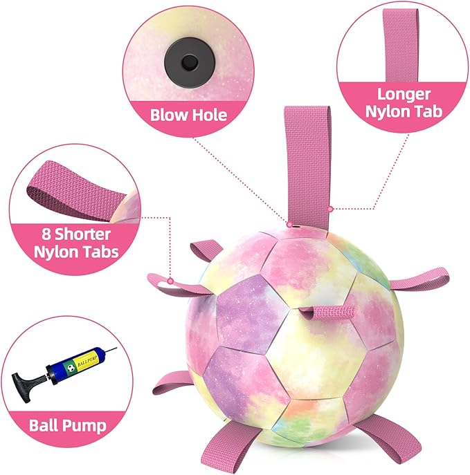 QDAN Extra Large Dog Toys Soccer Ball for Extra Large Dogs - Durable Dog Ball for Beach Pool Water Toy, Interactive Tug of War, Puppy Birthday Gifts, Rainbow (9 Inch)