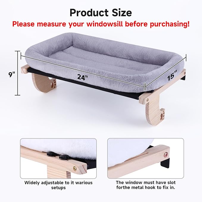 Cat Window Perch Hammock Wall Shelves Beds for Indoor Cats Supplies Design Robust Metal Frame Seat Large Cats and Kittens Pets Natural Wood, 24''L Easy to Adjust Windowsill, Bedside (Grey)