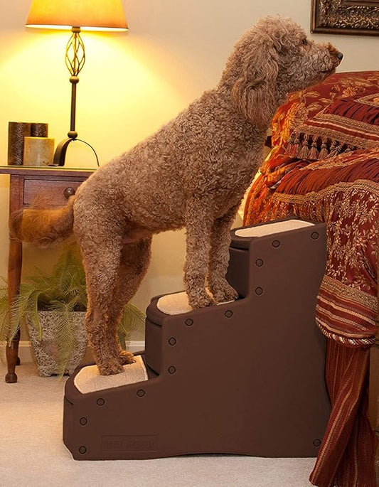 Pet Gear Easy Step III Extra Wide Pet Stairs, 3 Step for Dogs/Cats up to 200 pounds, Removable/Washable Carpet, Easy Assembly (No Tools Required), New Chocolate