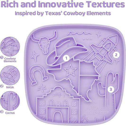 Puzzle Feeder Snuffle Mat and Lick Mat for Dogs,Texas Textured Slow Feeder, 0.75 Inch Thin Silicone Mat Holds 3 Cups, Dishwasher and Microwave Safe, Purple