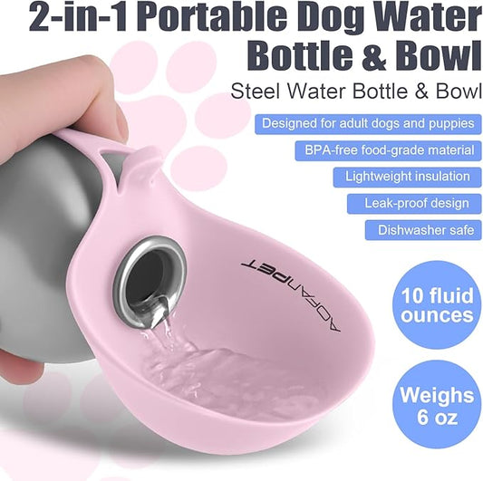 Portable Dog Water Bottle 10oz Stainless Steel Travel Dog Water Dispenser with Bowl No-Spill Puppy Water Bottle for Walking Hiking Small Dog Water Bottle