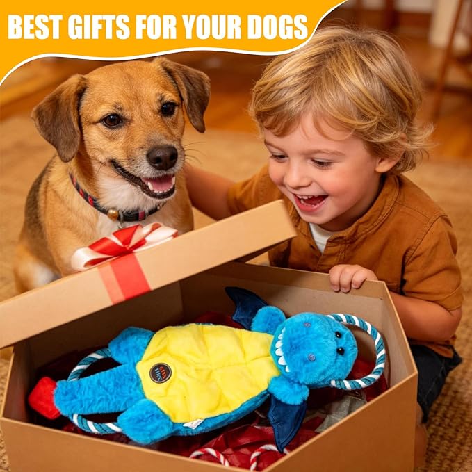 Interactive Squeaky Dog Chew Toy, Tough Plush Dog Toys for Chewers, Small, Medium & Large Dogs, Plush with Double Rope Handles for Tug of War, Mess-Free, Blue