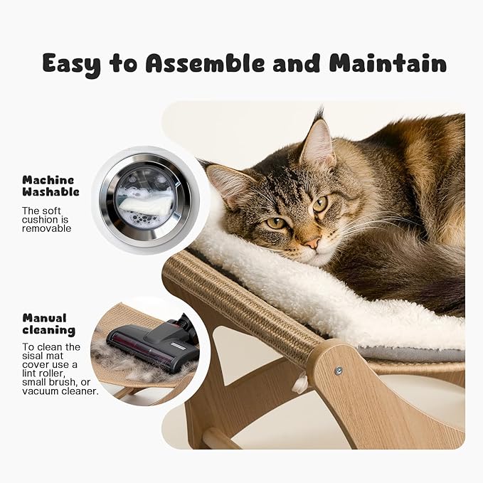 Cat Hammock Bed, Wooden Elevated Cat Beds with Natural Sisal Scratching Mat, Cats Scratcher Bed with Removable Soft Cushion, Cats Scratching Beds with Wood Frames, 22" L x 17.7" W