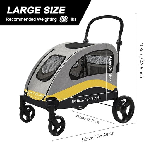 XL Extra Large Dog Stroller, All-Terrain 4 Wheel for 2 Medium Dogs, One-Click Foldable, Adjustable Handles, Dual Entry Safety Dog Stroller, Capacity 88lbs (Gray-Yellow)