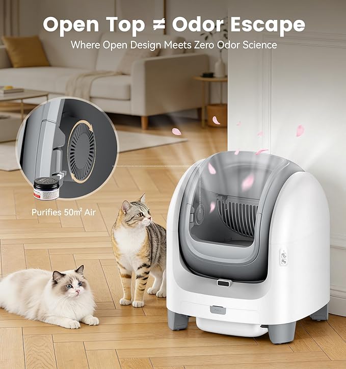 Self Cleaning Litter Box for Large Cats - Scented Automatic Cat Litter Box with Smart APP Health Monitoring & Weight Tracking, Extra Large Smart Cat Toilet, Multi-Cat Safe & Quiet, White