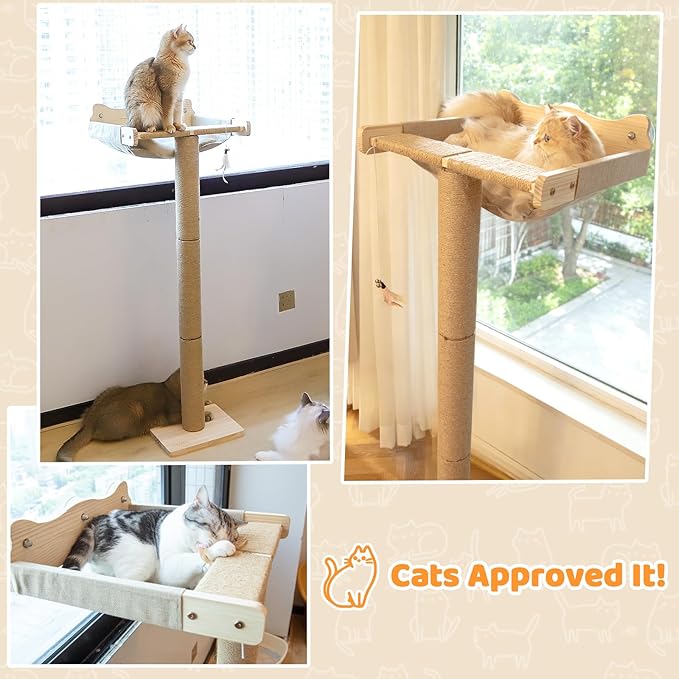 46" Cat Window Perch with 3 Adjustable Sisal Scratching Posts, Drill-Free Suction Cups, Multi-Level Climbing Perch for Bird Watching & Play, 45 lbs Capacity