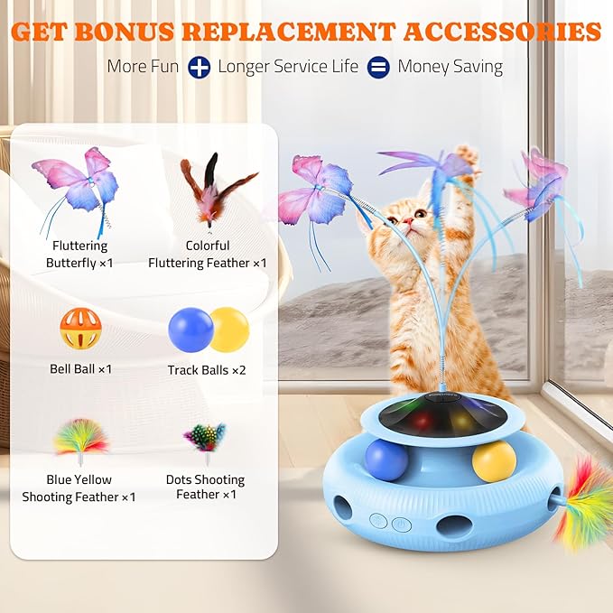 Pawtners Interactive Cat Toy 4 in 1 Automatic Cat Toy for Indoor Cats, Self Play Kitty Toy with Fluttering Butterfly, Track Ball and Feather Pack, Blue