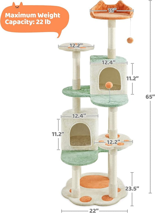Yaheetech 65in Cat Tree, Cat Tower with Heart-Shaped Platform, Hanging Ball, Double Condos, Scratching Posts for Indoor Cats, Cat Climbing Frame Bed Furniture, Beige & Green & Orange