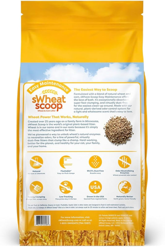 sWheat Scoop Natural Wheat & Corn Cat Litter, Easy Maintenance, Absorbs on Contact with Plant-Based Odor Control, 28 Pound Bag