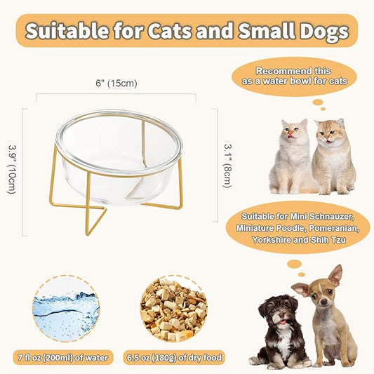 Small Glass Tilted Elevated Cat Dog Bowl Raised Cat Food Water Bowl Dish Pet Comfort Feeding Bowls with Gold Iron Stand