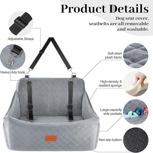 Wooaidagg Dog Car Seat for Medium & Large Dogs Up to 55lbs, Memory Foam Cushion, Washable Cover, Safety Straps & Non-Slip Base(Grey,Large)