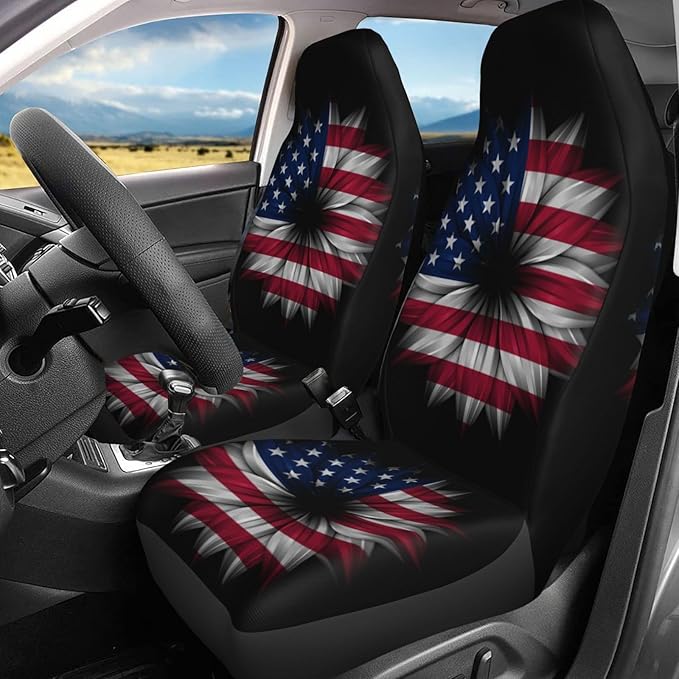 Foruidea USA Flag On Abstract Flower Car Seat Covers Universal 2 Pcs Auto Front Seat Cover Fit Most Cars,SUV,Sedan,Trucks