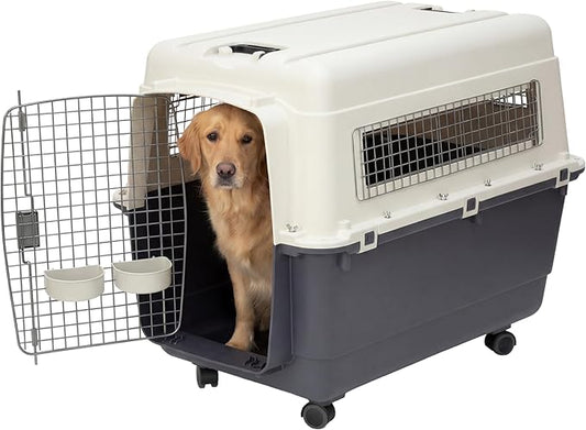 SportPet Airline Compliant X-LARGE 32.25" Travel Dog Kennel-Durable Plastic Airline Pet Carrier w/Removable Wheels & Food Bowls, Collapsible Indoor/Outdoor Dog Kennel, Dog up to 32"L & 23"H-Cream/Gray