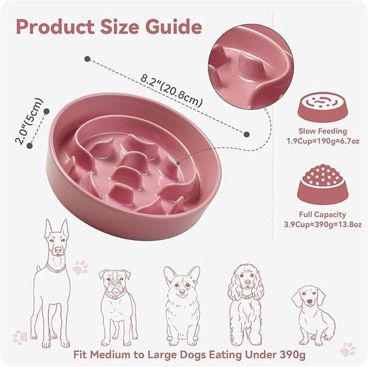 Ceramic Slow Feeder Dog Bowl - Maze Dog Bowl to Slow Down Eating - Feeding Dish for Fast Eaters - Ideal Food Control Dish for Medium to Large Breeds - 8.2 Inch - 1.8 Cups (180g) - Pink
