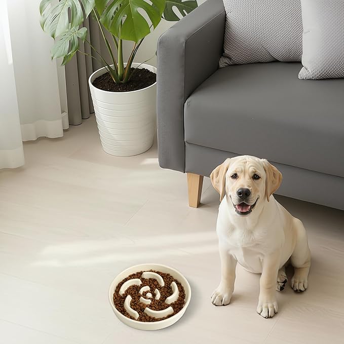 Slow Feeder Dog Bowl, Ceramic 8.3 inch Dog Food Bowls for Small, Medium, and Large Breed, Anti-Slip Maze Puzzle Food Dish to Slow Down Eating (White, 8.3 inch)