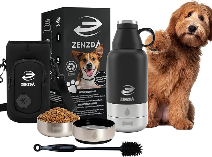 3-in-1 Dog Water Bottle – Insulated Stainless Steel Travel Bottle with Food Bowl, Leakproof, Carrying Bag & Brush