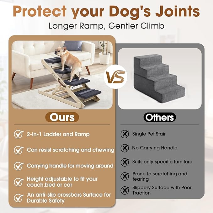 Dog Steps for Bed & Couch - 2-in-1 Dog Stairs/Ramp for Small to Large Breeds - 6 Adjustable Height from 12" to 24" - Folding Portable Wooden Ramp for Dogs to Get on Bed Couch Car Up to 200LBS