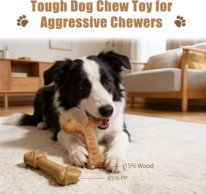Dog Chew Toys for Aggressive Chewers, Durable Nylon & Wood Teething Toy with Chicken Flavor, Tough Chewing Dog Toys for Large Dogs (2Pack)