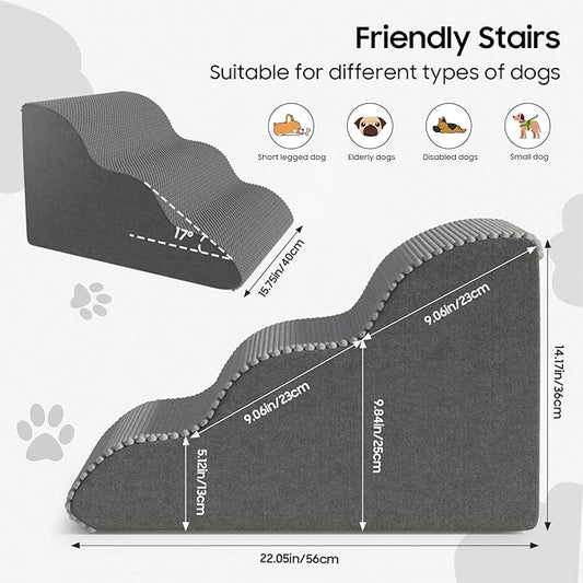 Pet Stairs for Small Dogs and Cats, Comfortable Curved Design with Waterproof Cover, High-Density Foam Steps for Beds or Sofas, Durable and Lightweight, 3-Layer, 21.7x15.7x13.8 Inches Grey