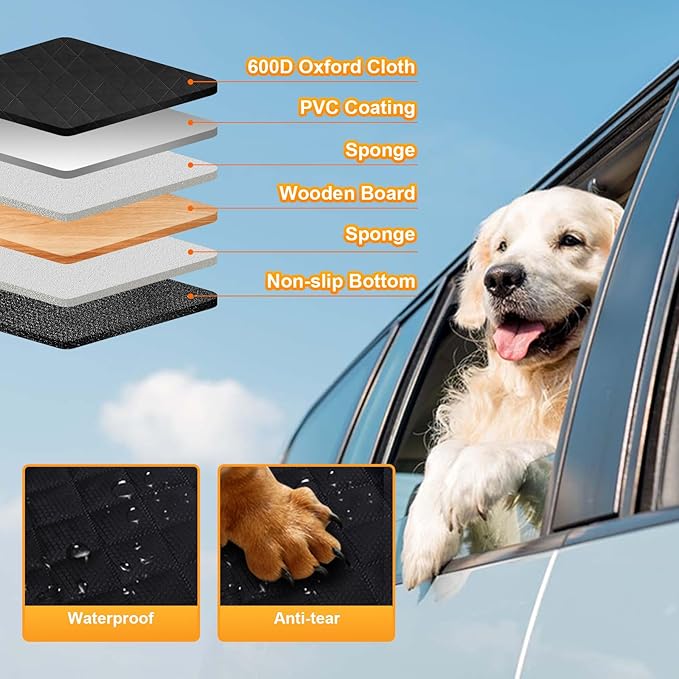Back Seat Extender, Dog Car Seat Cover Detachable Hard Bottom-Supports 300lb, Waterproof Dog Hammock for Car Travel Camping Bed, Foldable Backseat Pet Protector in Car Truck SUV PET-SEAT2308