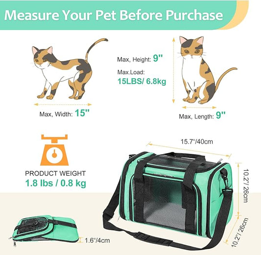 Discala Cat Dog Carrier Up to 15 Lbs TSA Airline Approved Pet Carrier for Small Medium Cats Puppies Dog Carriers for Small Dogs Collapsible Soft Sided Cat Travel Carrier - Green 15.7"x10.2"x10.2"