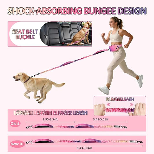 Philorn Hands Free Dog Leash for Dogs with Pouch, Adjustable Waist Leash for Medium Large Dogs Walking, Running, Jogging, Hiking, Dual Handles and Durable Bungee