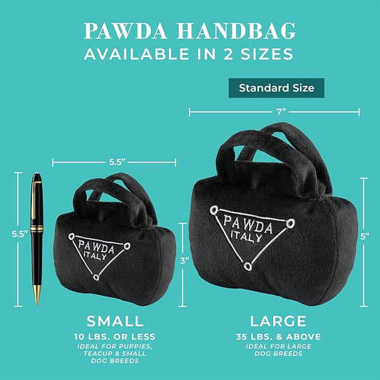 Haute Diggity Dog Pawda Handbag, Plush Designer Dog Toys with Interactive Squeaker, Stimulating Pet Enrichment - Dog Birthday Toy - Machine-Washable & Safe Materials for All Breeds, Size Small