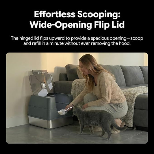 Enclosed Stainless Steel Cat Litter Box, Metal Litter Box with Lid, Hooded Kitty Litter Pan, Non-Stick & Never Absorbs Odors, Durable for Multi Cats (Include Scoop)