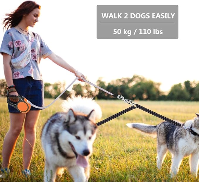 Dual Retractable Dog Leash for Large Dogs (Up to 110 Lbs Each) - Double Headed 16 ft Extendable Pet Leash with Poop Bags, Non Slip Grip - One Button Break & Lock, 360 Tangle-Free (Blue, Large)