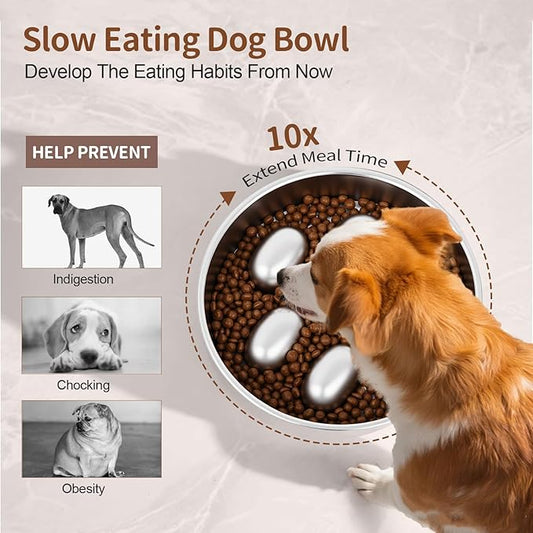 Slow Feeder Dog Bowls Stainless Steel with Non-Slip Silicone Pad Metal Bowl 2 Cups Heavy Duty Large Capacity Slow Feed for Small, Medium, Large Breed Dogs to Slow Down Eating