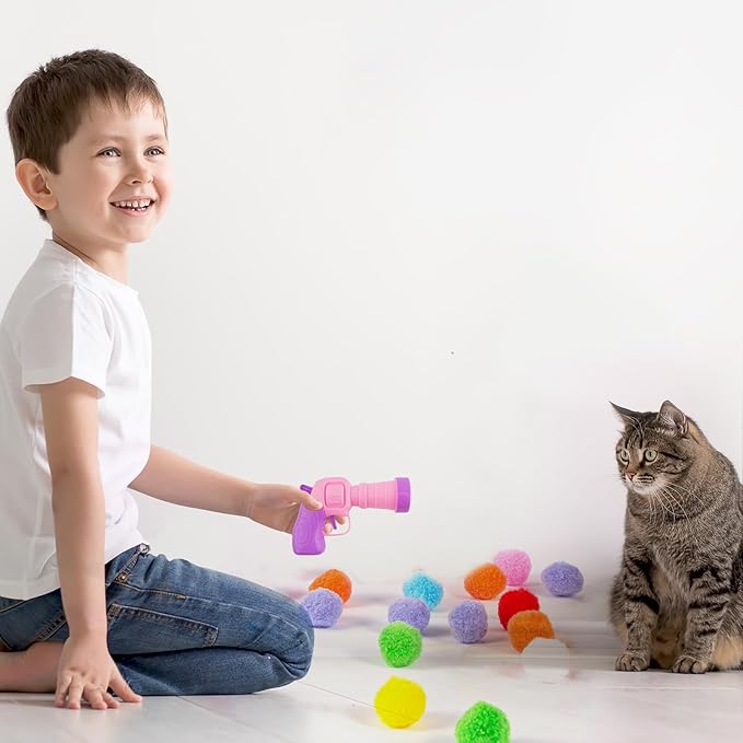 Dorhui 31Pcs Cat Ball Toy Launcher Gun, 30Pcs Plush Fuzzy Balls Launcher Cat Toy for Cats with 1 Gun, Cat Fetch Toy Gun Shooter, Kitten Toys for Indoor, Plush Ball Shoot Gun for Kitty