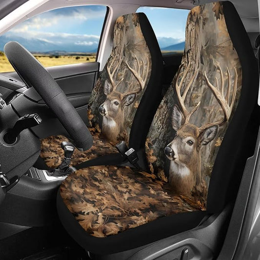 Waterproof Front Seat Covers Easy Installation Camo Deer Hunter Car Seat Covers Set of 2 Stretch Polyester Fabric Cover Car Interior Accessories Universal Fit Most Cars,SUV, Trucks