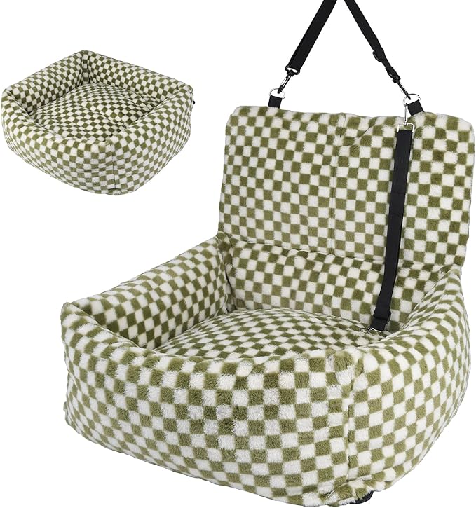 Dog Car Seat for Small Dogs,Medium Dog Car Bed with Detachable Washable Cover,Pet Puppy Booster Cars Seats with Safety Belt Up to 30 lbs(Grid Green)