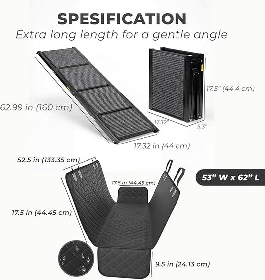 Dog Ramp for Car Travel Bundle – 63” Foldable Non-Slip Dog Ramp + Waterproof Back Seat Cover + 15 Poop Bags – Complete Pet Travel Set for SUV, Truck & Car – Safe Access, Clean Seats, Easy Trips