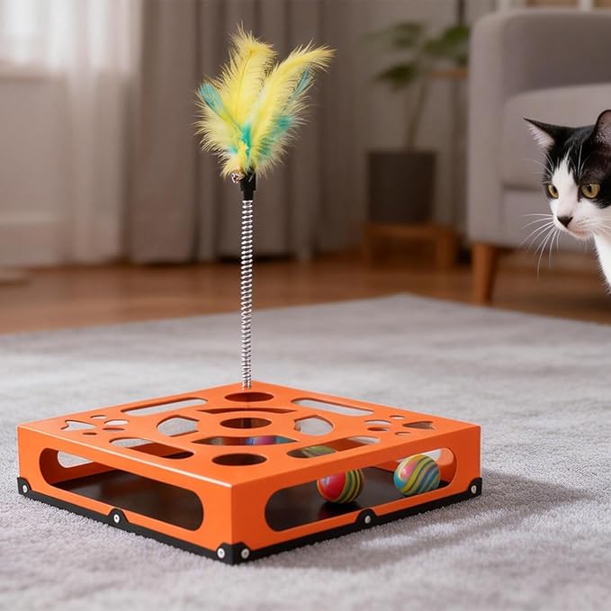 2026 New Metal Cat Scratch Puzzle Enrichment Box,cat Puzzle, 1 Spring-Loaded Colorful Feather Stick with a Bell,No Assembly Required, All Cats Indoor Play Toy