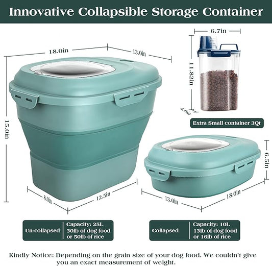 Dog Food Storage Container, Airtight Collapsible 13lb to 30lb Pet Food Container with Flip Top, Rolling Wheel, Scoop and 3L small container for Dog Cat Food and Dry Food of Rice, Flour