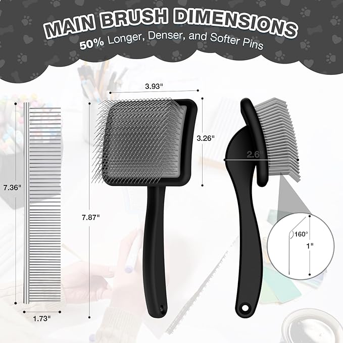 Large Slicker Brush for Dogs - Long Pin Deshedding Brush for Mats & Shedding on Long Haired Dogs, Doodles, Poodles, Goldendoodle, Labradoodle, 3pc Grooming Kits with Wooden Handle, Black