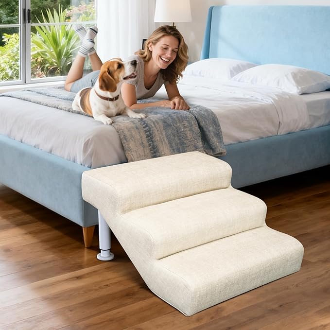 Adjustable Dog Stairs & Ramp for Cats and Dogs, 3-Step Pet Stairs for High Beds and Couch, 11.8"–14.5" Height, Linen Faux Leather, Waterproof, Scratch-Resistant, Non-Slip Indoor Pet Ramp