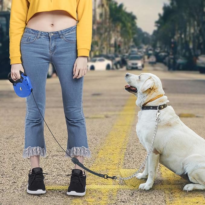 Idepet Heavy Duty Retractable Dog Leash for Small and Medium Dogs, Anti-Chewing Steel Chain Design,360 DegreeTangle-Free,Break and Lock System,26ft Leash Dog Walking (Blue, Round Rope)