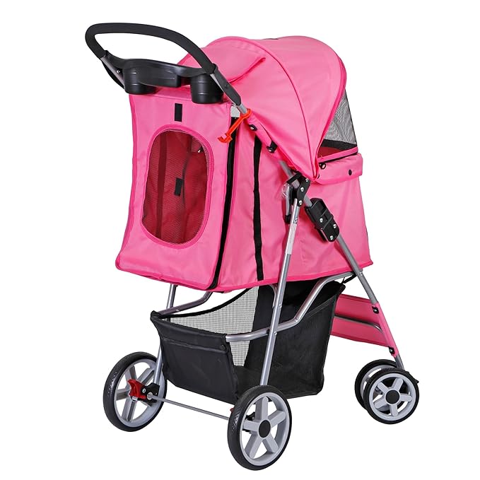 ZENY Foldable Pet Stroller, Cat/Dog Stroller with 4 Wheel, Pet Travel Carrier Strolling Cart with Storage Basket, Cup Holder (Pink)