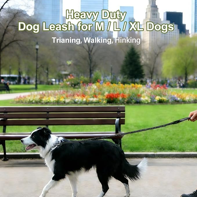 Dog Leash Heavy Duty - 4-6FT Long Leash Strong Shock Tactical Tug Leashes, Dog Seat Belt for Car with 2 Padded Handles, Reflective Rope Lead for Medium L X-Large Dogs Walking Running Training (Black)