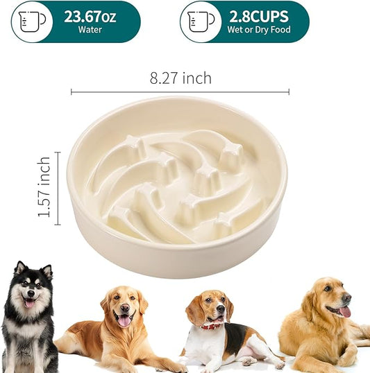 8.26 in Milk White Dog Bowl Slow Feeder Ceramic for Medium and Large Breed,Pet Feeding Dog Food Water Dish Heavy Weighted,Puppy Bowl for Fast Eaters,Puzzle Slow Eating Dish Modern Maze Meteor