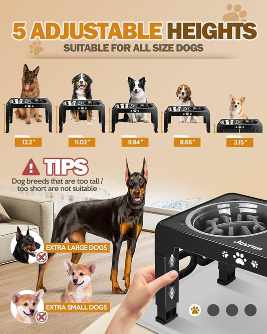 Elevated Dog Bowls for Medium Size Dogs with Mat, Non-Slip Dog Feeder with 1*Stainless Steel Dishes & 1*Slow Feeder Bowl, 5 Heights Adjustable Raised Bowls for 3.15″-8.66″-9.84″-11.02″-12.2″