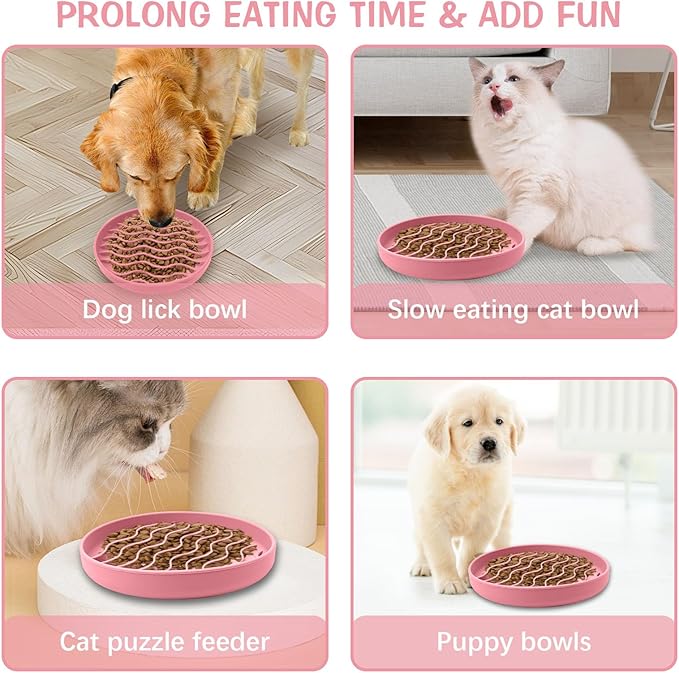 Fhiny Slow Feeder Dog Bowl, Silicone Dog Puzzle Bowl Slow Feeder Puppy Bowls Slow Eating Modern Lick Mat Design Dishwasher Microwave Fit for Fast Eaters, All Small Medium Dogs Puppy Doggy (Pink)