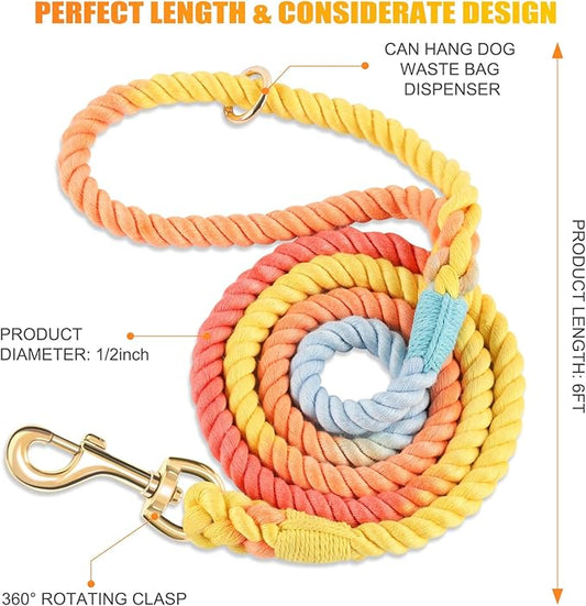 Dog Leash 6 FT Handmade Braided Cotton Rope Leashes for Small Medium and Large Dogs, New Golden Heavy Duty Metal Clasp, Colorful Rainbow